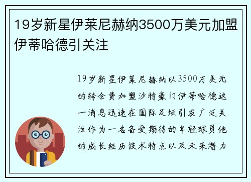 19岁新星伊莱尼赫纳3500万美元加盟伊蒂哈德引关注